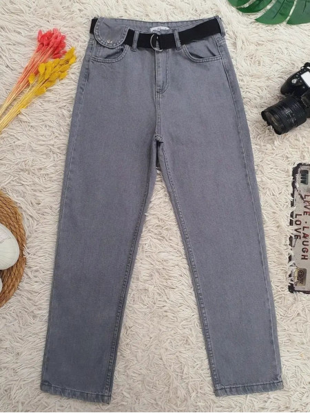 Metal Buckled Belt Snap Detailed Jeans -Grey