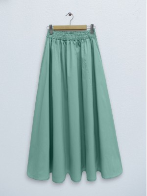 Double Pocket Poplin Flared Skirt with Elastic Waist   -Cagla Green