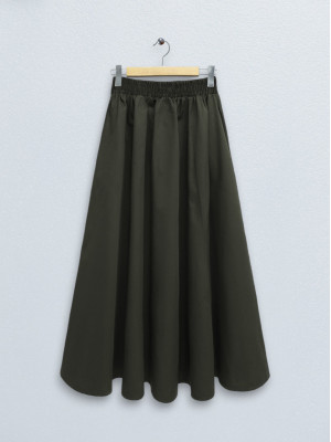 Double Pocket Poplin Flared Skirt with Elastic Waist  -Khaki