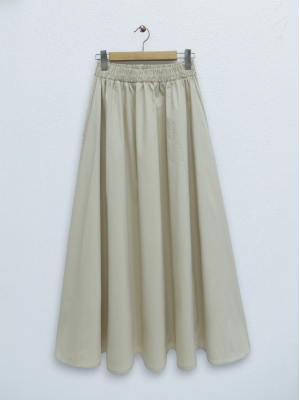 Double Pocket Poplin Flared Skirt with Elastic Waist - Beige