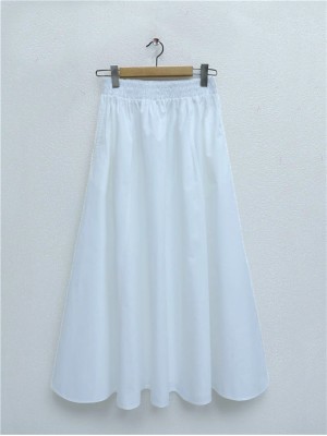 Double Pocket Poplin Flared Skirt with Elastic Waist -White