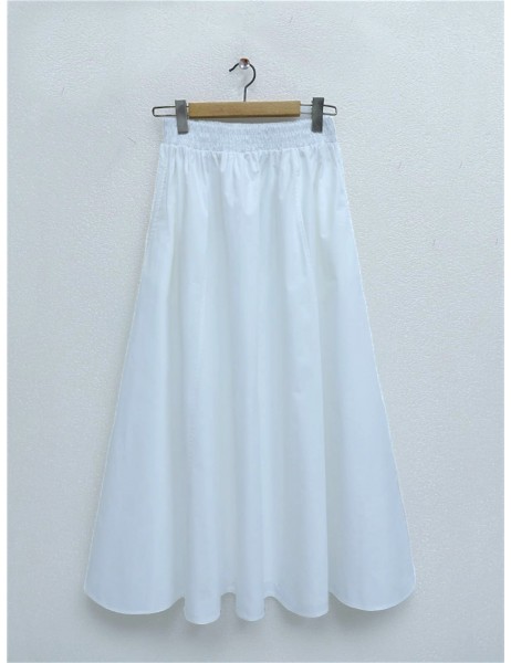 Double Pocket Poplin Flared Skirt with Elastic Waist -White