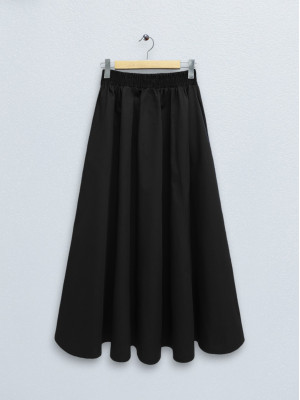 Double Pocket Poplin Flared Skirt with Elastic Waist -Black