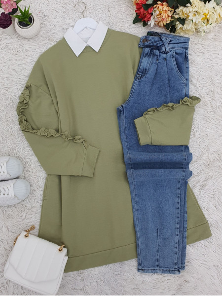 Combed Cotton Sweat with Frilly Sleeves  -Green