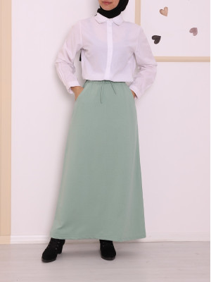 Tie Waist Elastic Double Pocket Combed Cotton Skirt -Green
