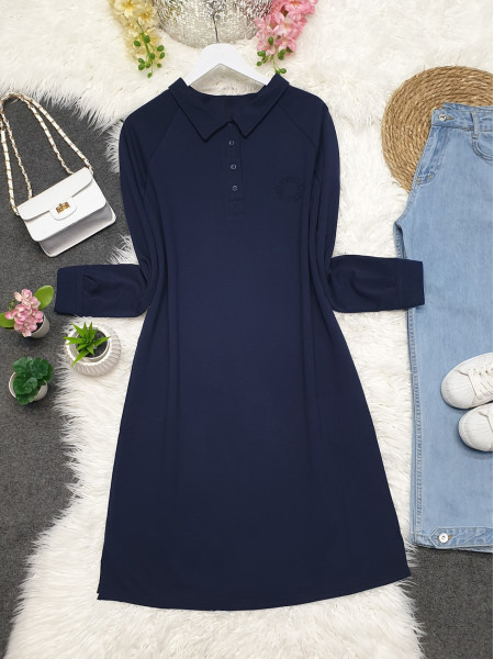 Polo Neck Slit Combed Cotton Tunic -Navy blue