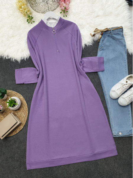 Half Zippered Combed Cotton Tunic with Pockets and Slits    -Lilac