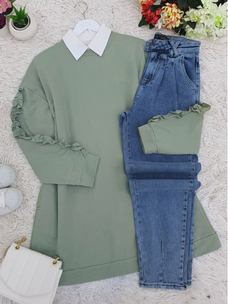Combed Cotton Sweat with Frilly Sleeves -Mint Color