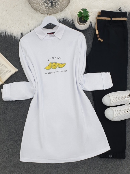 Lemon Printed Long Sweatshirt -White