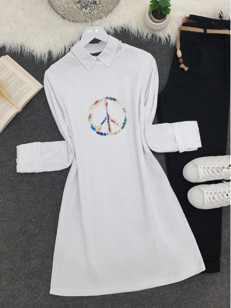 Peace Symbol Pattern Long Sweat -White