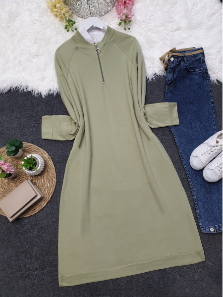 Half Zippered Combed Cotton Tunic with Pockets and Slits    -SPRING GREEN