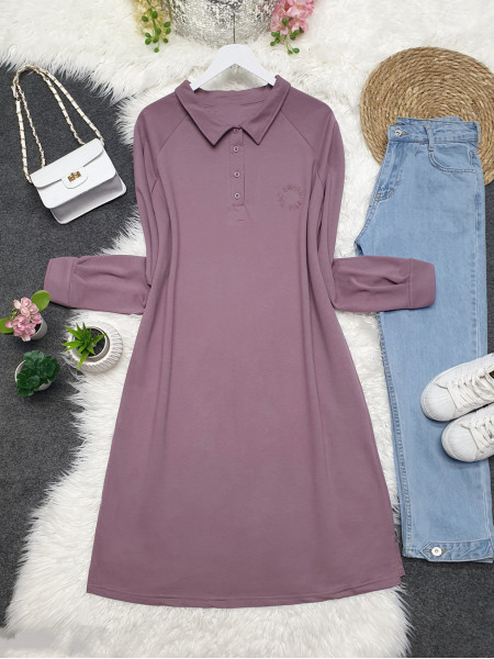 Polo Neck Slit Combed Cotton Tunic -Lilac