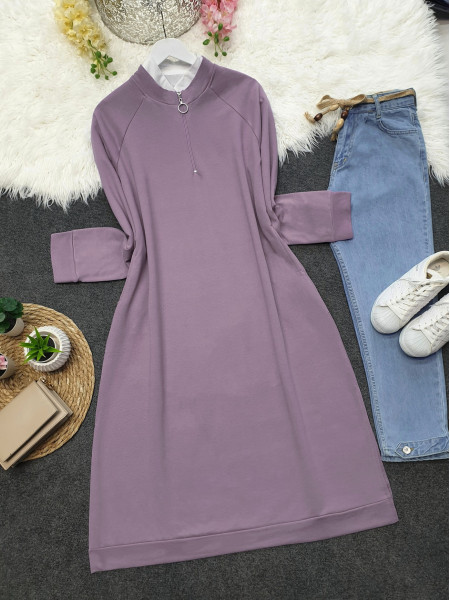 Half Zippered Combed Cotton Tunic with Pockets and Slits -Dried rose