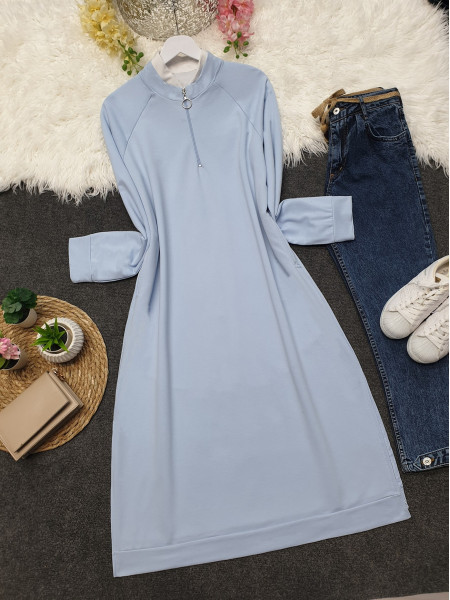 Half Zippered Combed Cotton Tunic with Pockets and Slits -Baby Blue