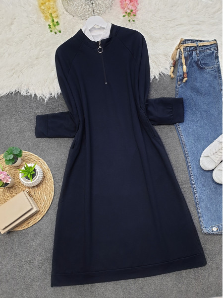 Half Zippered Combed Cotton Tunic with Pockets and Slits -Navy blue