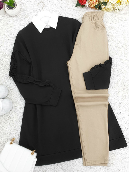 Combed Cotton Sweat with Frilly Sleeves -Black