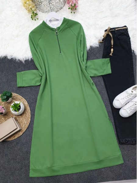 Half Zippered Combed Cotton Tunic with Pockets and Slits -Green