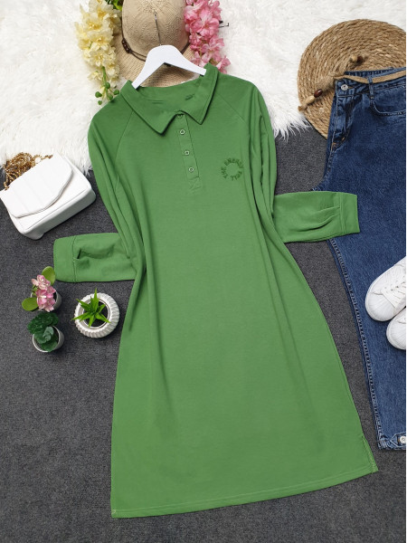 Polo Neck Slit Combed Cotton Tunic -Green