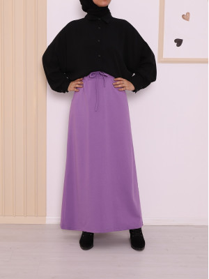 Tie Waist Elastic Double Pocket Combed Cotton Skirt  -Lilac