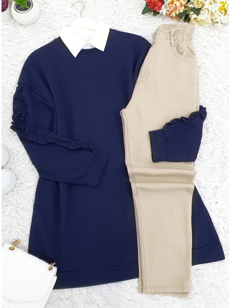 Combed Cotton Sweat with Frilly Sleeves -Navy blue