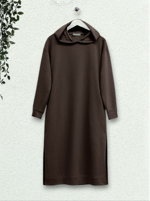 Hooded Slit Double Pocket Long Combed Cotton Tunic -Brown