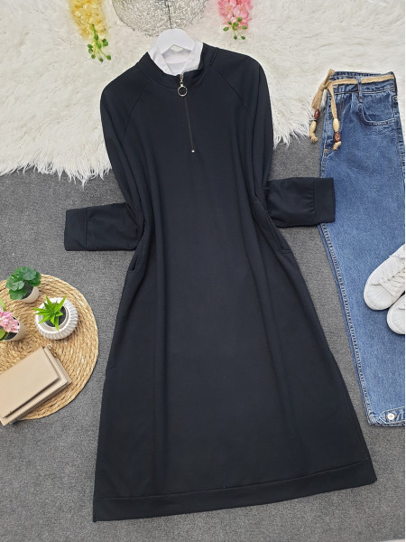 Half Zippered Combed Cotton Tunic with Pockets and Slits -Black