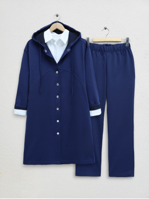 Hooded Double Suit with Snap Fasteners -Navy blue