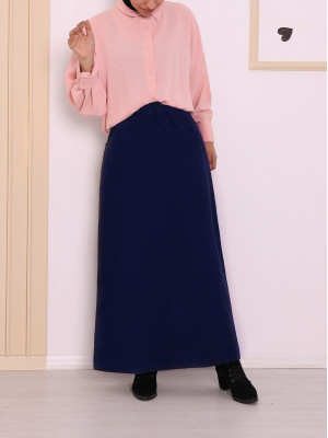 Tie Waist Elastic Double Pocket Combed Cotton Skirt -Navy blue