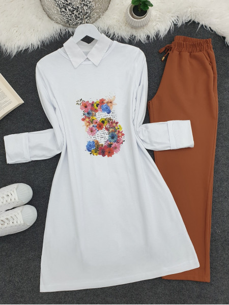 Floral Printed Long Sweatshirt -White