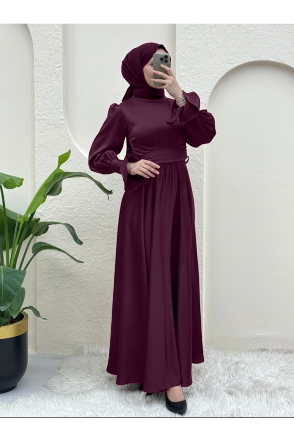 Beli Çapraz Bağlamalı Saten Abiye -Mürdüm