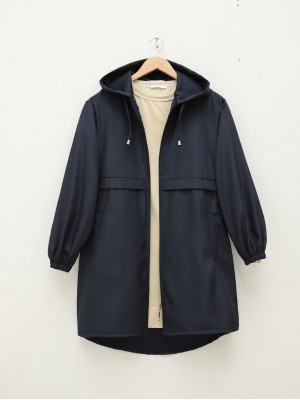Lined Hooded Trench Coat with Elastic Sleeves -Navy blue