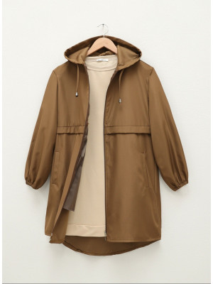 Lined Hooded Trench Coat with Elastic Sleeves -Snuff