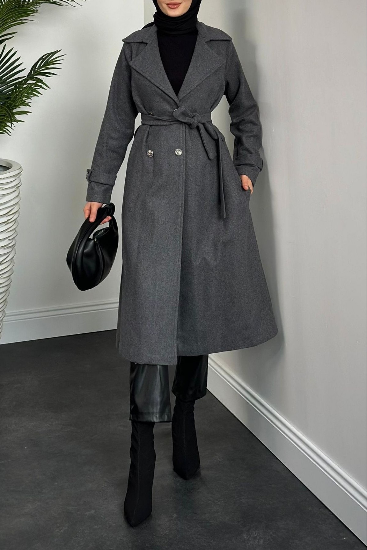 Double Breasted Buttoned Cashmere Coat -Smoked 