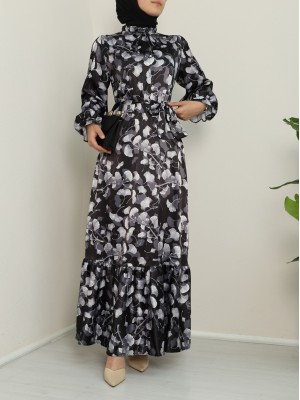 Lettuce Collar Piece Patterned Silk Satin Dress  -Black