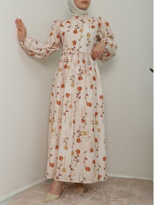 Printed Linen Dress with Gathered Waist  -Orange