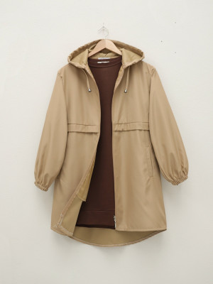 Lined Hooded Trench Coat with Elastic Sleeves -Mink color