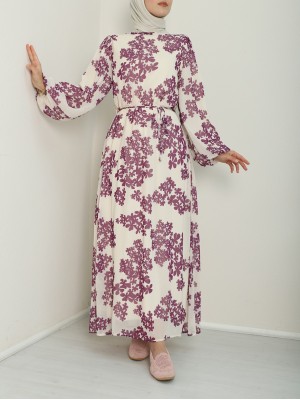 Batik Baskılı Astarlı Şifon Elbise  -Mor