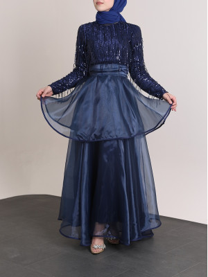 Belted Sequined Tulle Evening Dress with Elastic Collar  -Navy blue