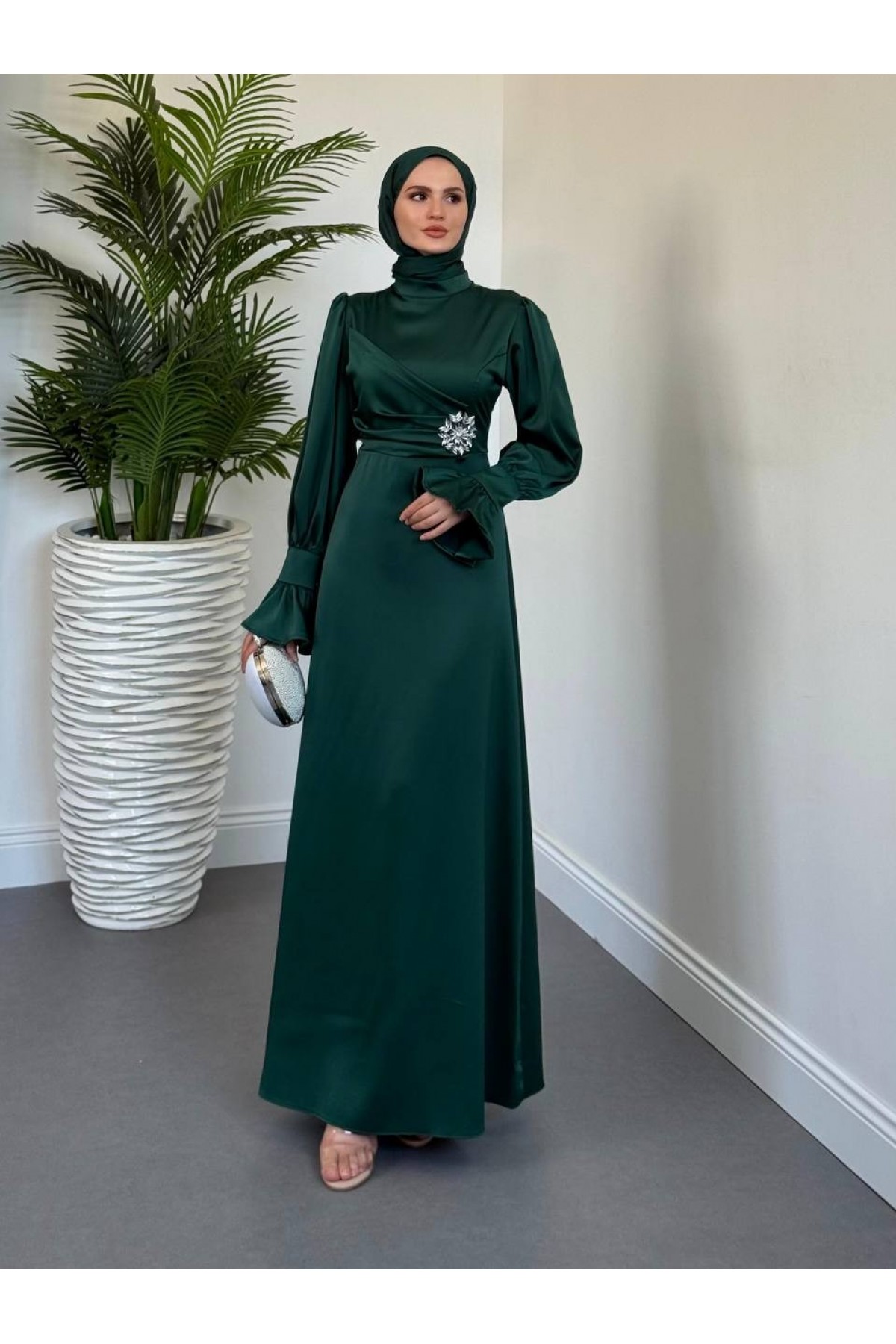 Satin Dress with Ruffled Cuffs and Stone Detail on the Front -Emerald