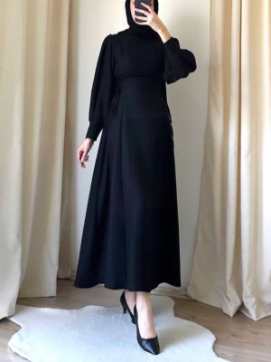 Yanları Bağcıklı Kolu Manşetli Elbise  -Siyah