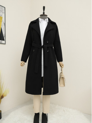 Belted Lined Cashmere Coat -Black
