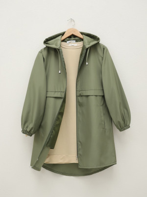 Lined Hooded Trench Coat with Elastic Sleeves -Khaki