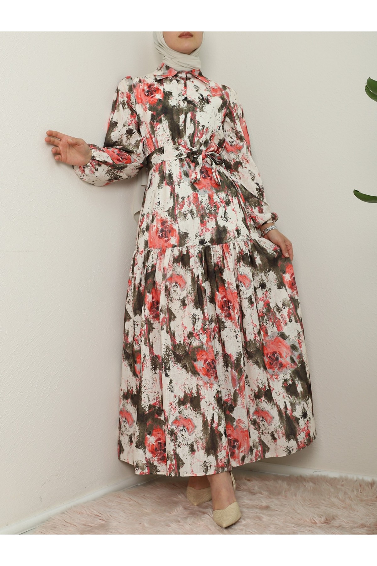 Batik Printed Belted Piece Linen Dress  -Salmon