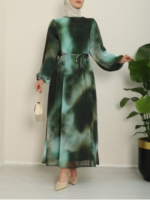 Batik Baskılı Astarlı Şifon Elbise  -Zümrüt