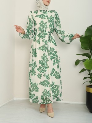 Batik Printed Lined Chiffon Dress   -Forest Green