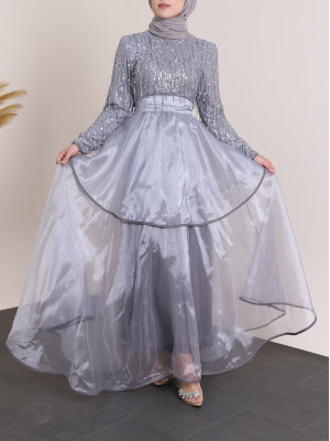 Belted Sequined Tulle Evening Dress with Elastic Collar  -Grey