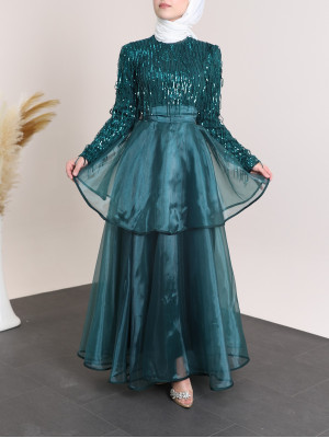 Belted Sequined Tulle Evening Dress with Elastic Collar  -Emerald