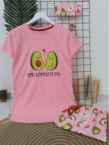 Avocado Printed Elastic Pajama Set -Pink
