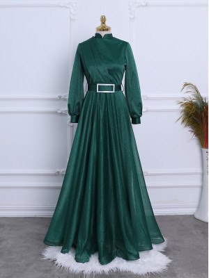 Silvery Thick Belted Evening Dress -Emerald