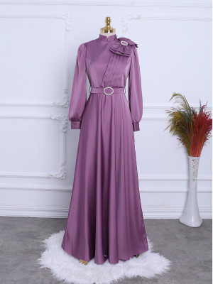 Satin Evening Dress with Brooch, Bow, Stones and Belt -Lilac